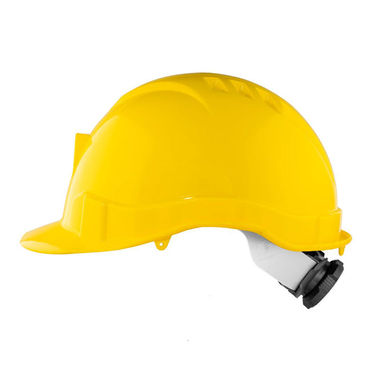 Casco I HDPE Amarillo Arnés 6 Puntas Ratchet Porta Lámpara